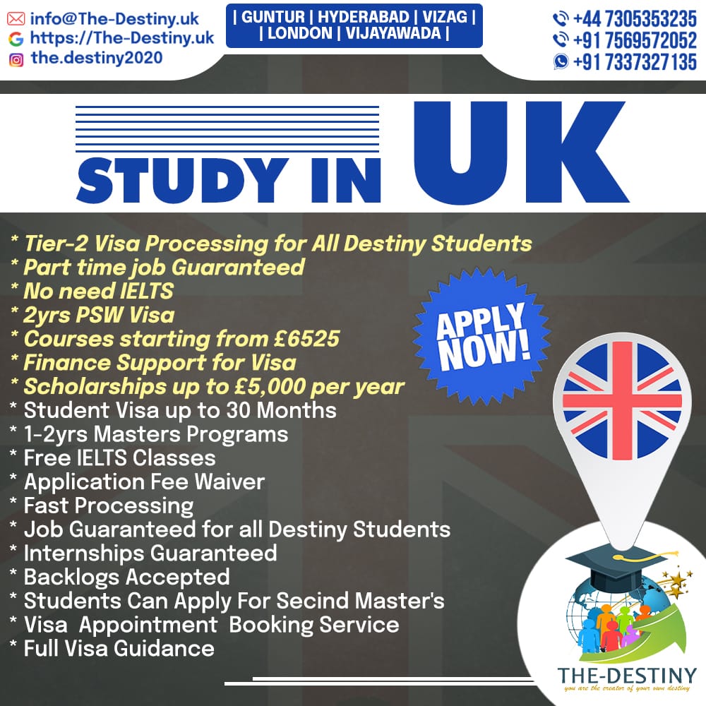 The-Destiny poster offering several consultation services to help you study in the UK