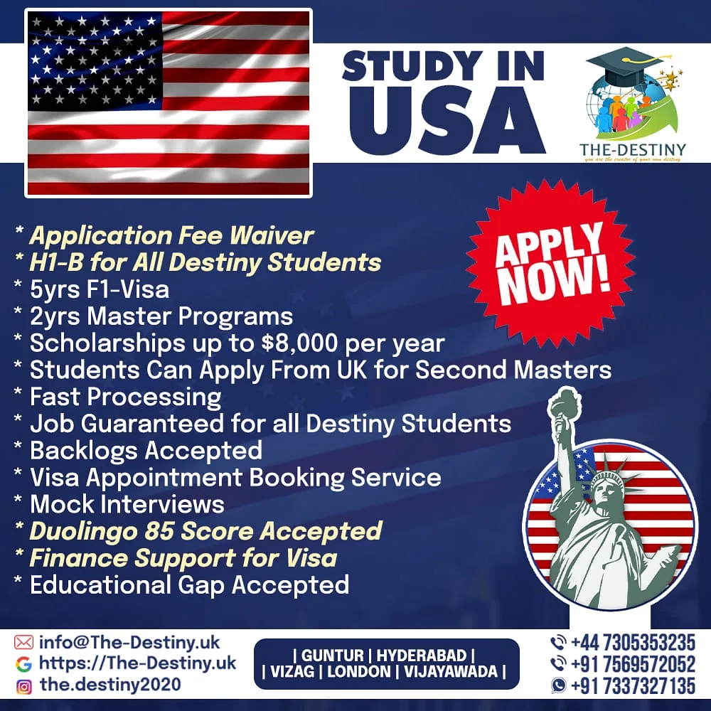 The-Destiny poster offering several consultation services to help you study in the USA